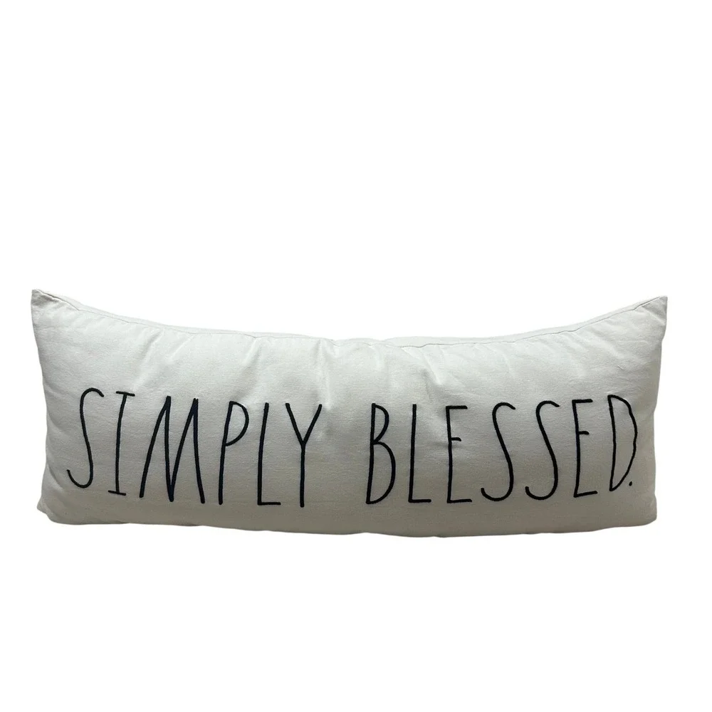 Rae Dunn Simply Blessed Lumbar Pillow Cream Black Embroidered Farmhouse 32x12